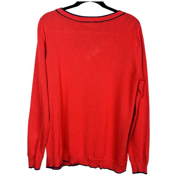 ModCloth Classic Women Size 2X Red Navy Trim Button Up V Neck Cardigan Sweater - Picture 2 of 7